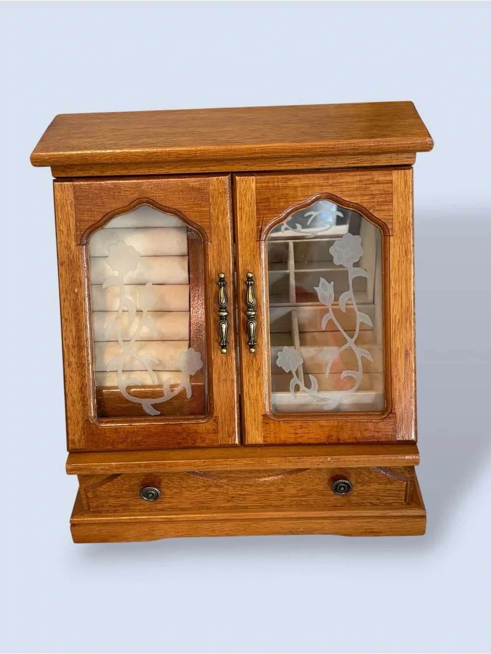 Vintage Wood Etched Glass Doors Jewelry Case Box Chest